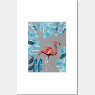 Flamingo with tropical leaves and a gray background Posters and Art